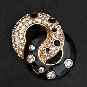 SWAROVSKI sign Swan Crystal Rhinestone‎ Black Enamel Dbl Circle Brooch Gold 2"
